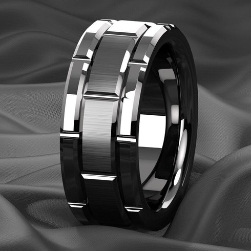 Men's 8mm Tungsten Black Grooved Bushed Brick Pattern Comfort-Fit Wedding Band